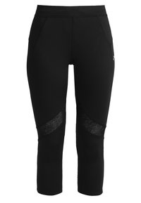 Black athletic capri pants with mesh accents, featuring a fitted design, elastic waistband, and side pockets for functionality.