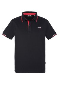 Svart polo skjorte med en kontrasterende rød krage og knappestolpe. Har hvite og røde stripete detaljer på ermene. Logo på brystet.