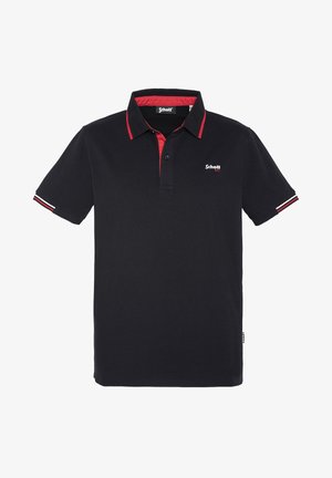 Zwarte polo met een contrasterende rode kraag en placket. Bevat witte en rode gestreepte accenten op de mouwen. Logo op de borst.