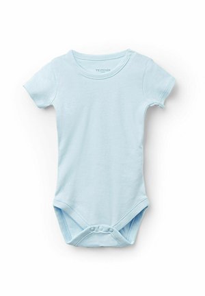 Helleblaue Baumwoll-Baby-Einheit mit kurzen Ärmeln, rundem Ausschnitt und Druckknöpfen am Bauch für ein einfaches Anziehen.