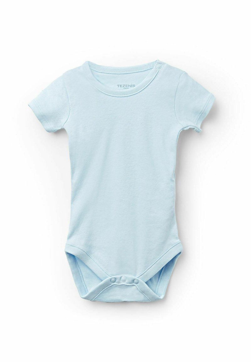 Jasnoniebieski bawełniany body dla niemowląt z krótkimi rękawami, okrągłym dekoltem i zapięciami na zatrzaski na dole, ułatwiającymi ubieranie.