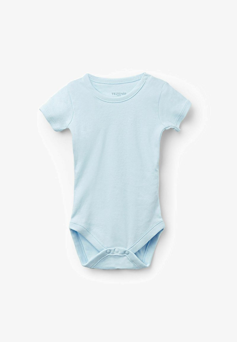 Jasnoniebieski bawełniany body dla niemowląt z krótkimi rękawami, okrągłym dekoltem i zapięciami na zatrzaski na dole, ułatwiającymi ubieranie.