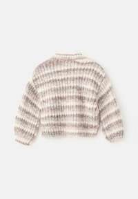 Gestrickter Pullover mit einem verkürzten Design, aus weichem, strukturiertem Stoff in abwechselndem Creme- und Pastellstreifenmuster.