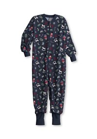 Marineblauwe één-delige pyjama met lange mouwen en rits; bevat feestelijke patronen van kerstfiguren, sneeuwvlokken en feestelijke elementen in rood en groen.