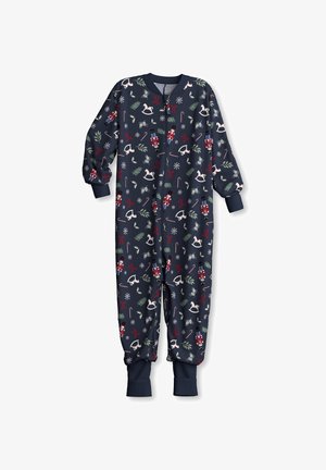 Marineblauwe één-delige pyjama met lange mouwen en rits; bevat feestelijke patronen van kerstfiguren, sneeuwvlokken en feestelijke elementen in rood en groen.