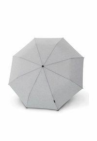 Gray fabric umbrella with eight panels, featuring a black button at the top center and a smooth texture, designed for rain or sun protection.