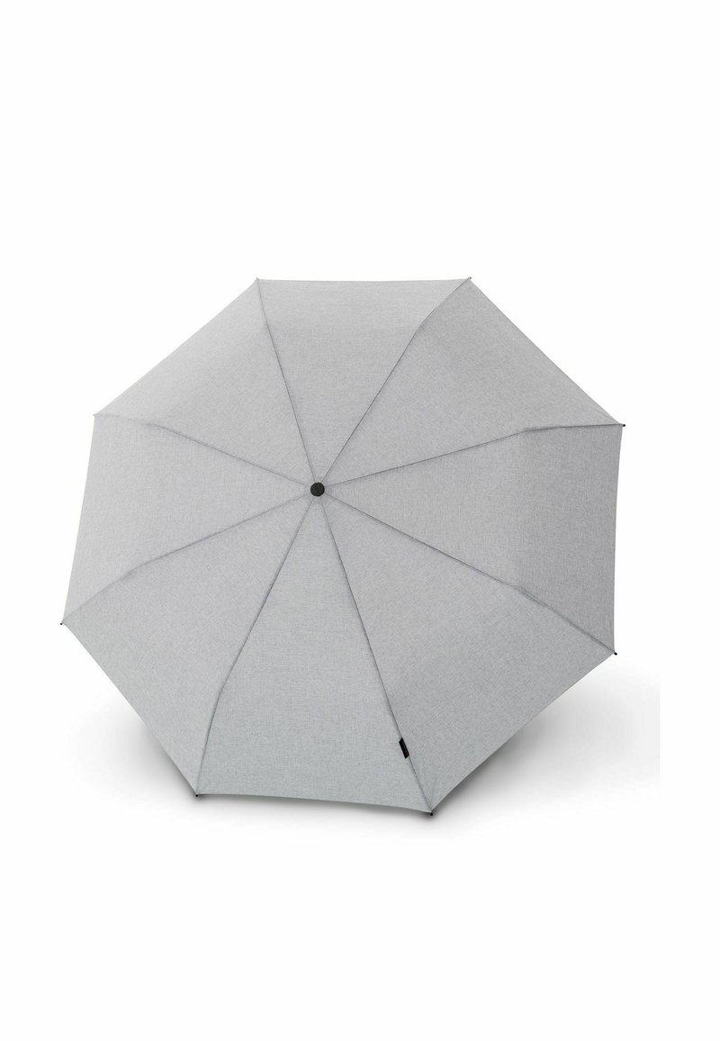 Gray fabric umbrella with eight panels, featuring a black button at the top center and a smooth texture, designed for rain or sun protection.