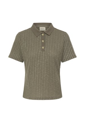 Keki rövid ujjú galléros póló bordázott, texturált mintával. Klasszikus gallérral és három díszgombbal a mellrészen.