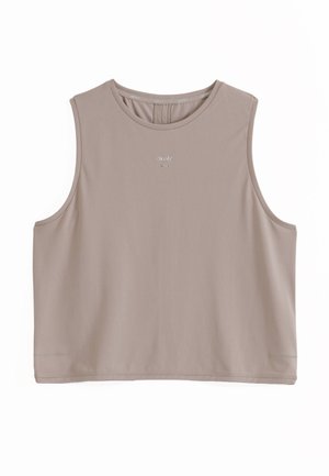 Bezrekawowy top w kolorze taupe z okrągłym dekoltem i małym, centralnie umieszczonym logo na piersi, ułożony płasko na białym tle.