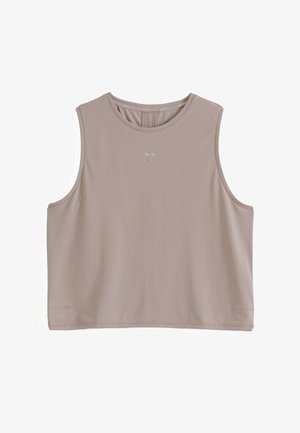 Ärmelloses kurz geschnittenes Top in Taupe mit rundem Ausschnitt und kleinem, mittig auf der Brust platziertem Logo, flach auf weißem Hintergrund ausgelegt.