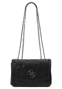 Black quilted handbag with a chain strap, featuring embossed logo patterns and silver-tone hardware. Compact rectangular shape.