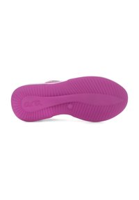 Pink rubber shoe sole with a textured surface, featuring a central circular detail and raised ridges for traction. Brand logo visible.