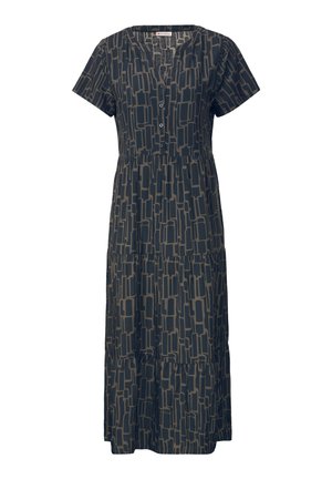 Vestido azul oscuro con escote en V, mangas cortas, botones en la parte delantera, falda de capas y patrón geométrico abstracto en tonos más claros.