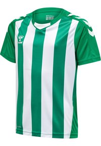 Grön- och vitrandig sporttröja i lätt material, med V-ringning och logotyp på bröstet samt ärmdetaljer.