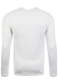 T-shirt a maniche lunghe, aderente, realizzata in tessuto bianco liscio con colletto rotondo e senza motivi o decorazioni visibili sul retro.