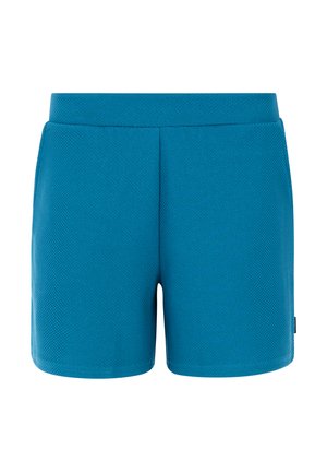 Mėlynos sportinės šortai, pagaminti iš tekstūruoto audinio, su plokščiu juosmeniu ir paprastu, be siūlių dizainu. Tinka aktyviam naudojimui.