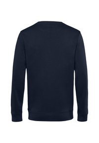 Námořnická modrá mikina, dlouhé rukávy, kulatý výstřih, vyrobena z bavlněné směsi, hladká textura, bez vzorů, s žebrovanými manžetami a lemem.