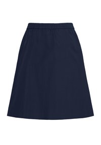 Jupe trapèze bleu marine avec taille élastique, longueur au genou, en tissu lisse, design uni sans motifs ni ornements visibles.