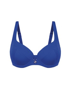 Niebieski biustonosz z teksturowanej tkaniny, z fiszbinami i regulowanymi ramiączkami. Posiada mały dekoracyjny pierścień na środku.