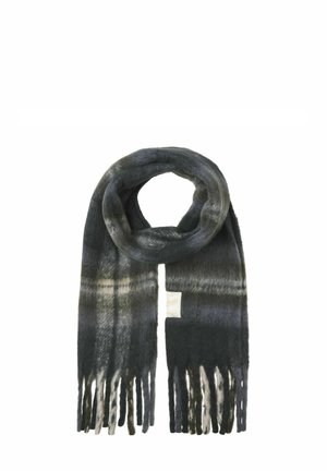 Bufanda de lana de color carbón oscuro con discretas rayas grises y beige, doblada en forma de lazo por la parte superior y rematada con flecos largos.