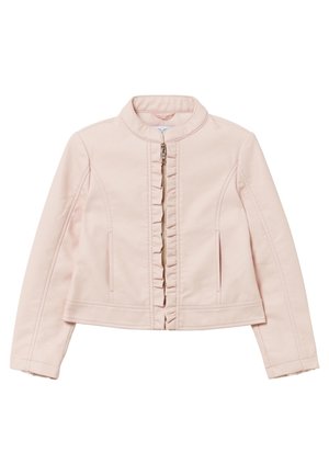 Veste courte rose clair avec manches longues, col montant, fermeture éclair à l'avant et détails à volants le long de la ligne de fermeture éclair.
