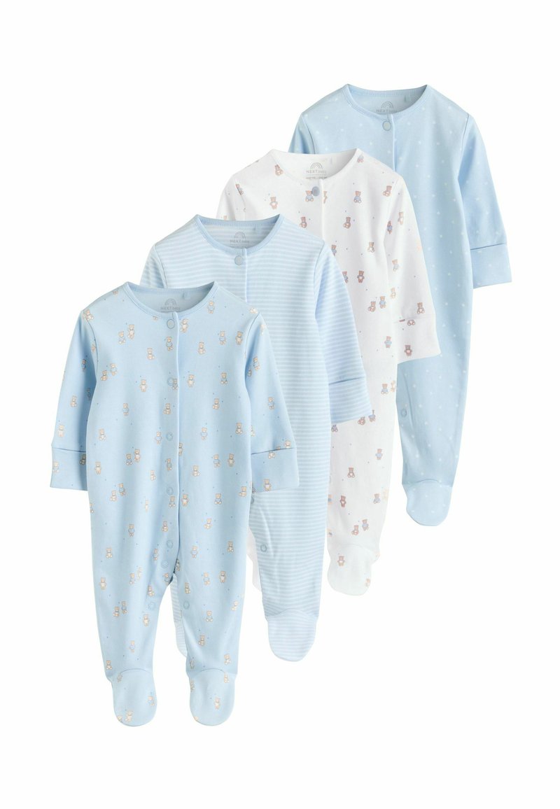 Patru salopete pentru bebeluși în albastru deschis și alb, decorate cu modele de urși și steluțe. Confecționate din material moale, cu închidere cu capse și design cu piciorușe acoperite.