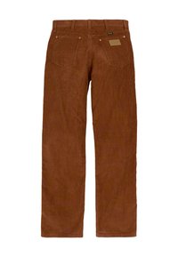 Rudos spalvos korduro kelnės tiesaus kirpimo, su dviem galinėmis kišenėmis, dekoratyvinėmis siūlių detalėmis ir odine etikete ant juosmens diržo.