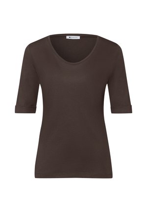 Dunkelbraunes Kurzarmtop mit rundem Ausschnitt und umgeschlagenen Ärmelsäumen, dargestellt vor weißem Hintergrund.