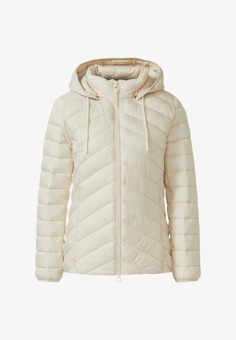 Gewatteerd jack in lichtbeige met een capuchon. Heeft een diagonaal doorgestikt patroon, een ritssluiting aan de voorkant en twee zijzakken. Zachte, gladde textuur.