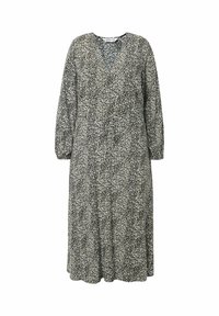 Schwarz-weiß gemustertes Kleid mit langen Ärmeln, V-Ausschnitt und lockerer Passform. Hergestellt aus leichter Stoff mit einer strukturierten Optik.