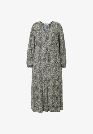 Schwarz-weiß gemustertes Kleid mit langen Ärmeln, V-Ausschnitt und lockerer Passform. Hergestellt aus leichter Stoff mit einer strukturierten Optik.