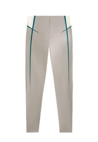 Lichtgrijze slim-fit broek met teal verticale strepen langs de zijkanten en witte panelen nabij de tailleband.