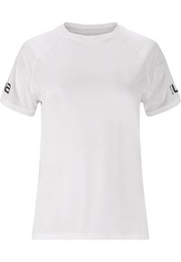 T-shirt de sport blanc avec des manches raglan courtes, col rond, tissu texturé, présentant un accent de logo noir sur la manche gauche.