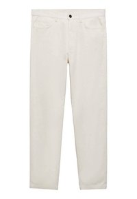Pantaloni in denim beige chiaro con taglio dritto, cinque tasche, chiusura con bottone nero e cuciture a vista. Texture liscia e design classico.