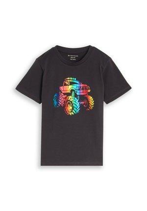 Black short-sleeve t-shirt with a rainbow-colored monster truck graphic on the front, showing large tires and elevated chassis.