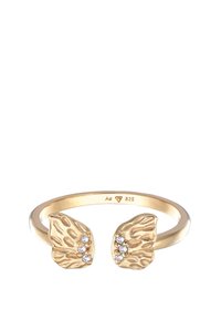 Anello placcato oro con estremità a forma di foglia, caratterizzato da dettagli texturizzati e tre piccole pietre trasparenti su ciascun lato. Contrassegnato con "925".