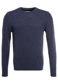 Pull en maille texturée bleu marine avec manches longues et col rond, présenté sur un fond blanc.