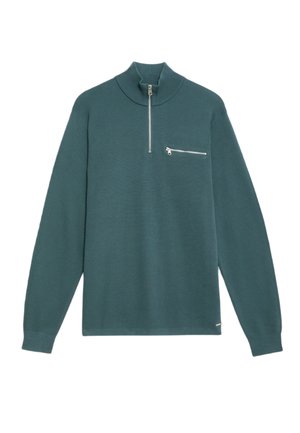 Turkusowy sweter z półgolfem i zamkiem, ściągacze na rękawach oraz kieszeń na zamek na piersi. Gładka dzianina, luźny krój.