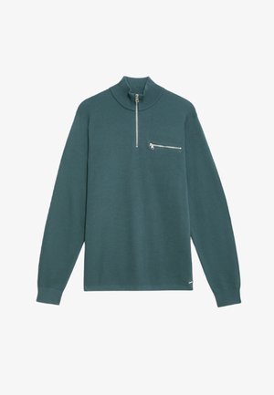 Turkusowy sweter z półgolfem i zamkiem, ściągacze na rękawach oraz kieszeń na zamek na piersi. Gładka dzianina, luźny krój.