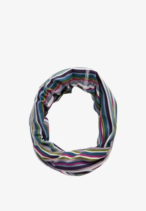 Scaldacollo in tessuto a righe multicolori, arrotolato a formare un anello con cucitura visibile su sfondo bianco semplice.