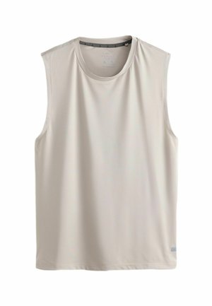 Beżowa sportowa koszulka na ramiączkach, bez rękawów, z okrągłym dekoltem i małą metką z logo przy dole, prezentowana na białym tle.
