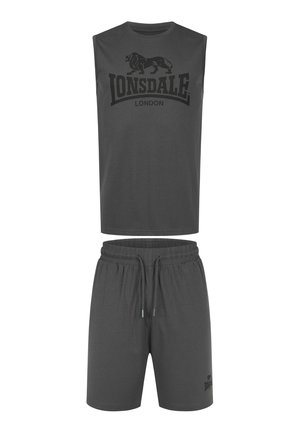 Dark gray sleeveless top with a black lion print and "Lonsdale London" text; paired with matching drawstring shorts featuring a logo accent.