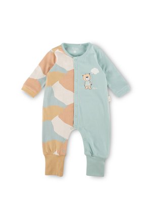 Helles blaues Baby-Overall aus weicher Baumwolle. Mit mehrfarbigem Patchwork-Design, einem Bärenmotiv und Druckknopfverschlüssen an der Vorderseite.