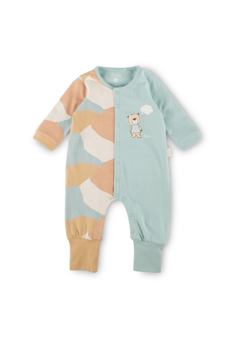 Light blue baby romper made of soft cotton. Features multi-colored patchwork design, a bear graphic, and snap closures along the front.