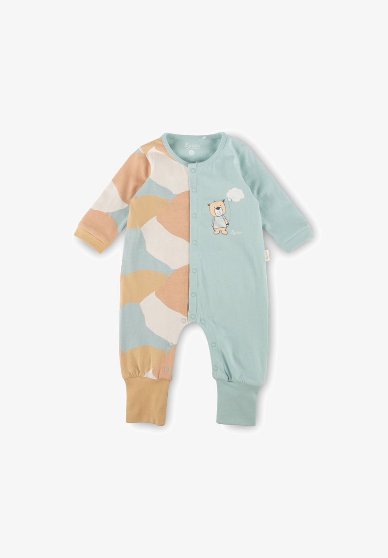 Helles blaues Baby-Overall aus weicher Baumwolle. Mit mehrfarbigem Patchwork-Design, einem Bärenmotiv und Druckknopfverschlüssen an der Vorderseite.