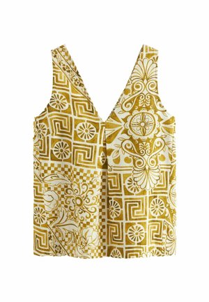 Mouwloze V-hals top met beige en mosterdgele bloemen- en geometrische patronen op lichte stof.