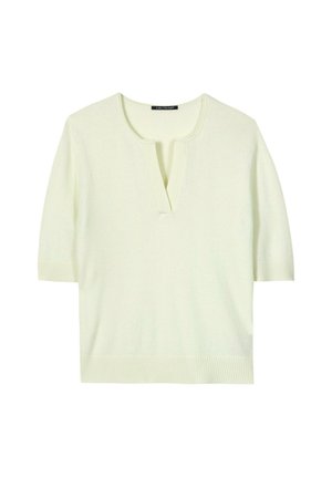 Kurzärmeliger cremefarbener Strickpullover mit V-Ausschnitt und gerippten Bündchen an Ärmel und Saum, flach liegend auf weißem Hintergrund dargestellt.