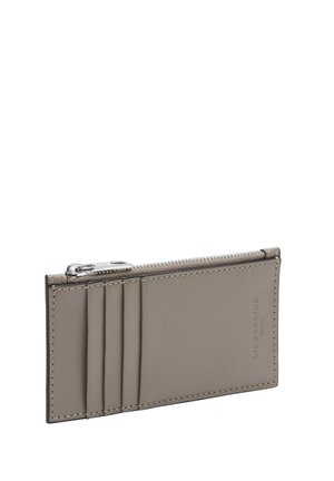 Lederbörse in Hellgrau mit Reißverschluss und mehreren Kartenfächern. Verfügt über präzise Nähte und ein minimalistisches Design.