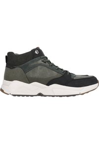 Höga sneakers som har en blandning av svarta, gröna och grå material. Strukturerade tygaccenter, vadderad krage och kontrasterande vit sula.