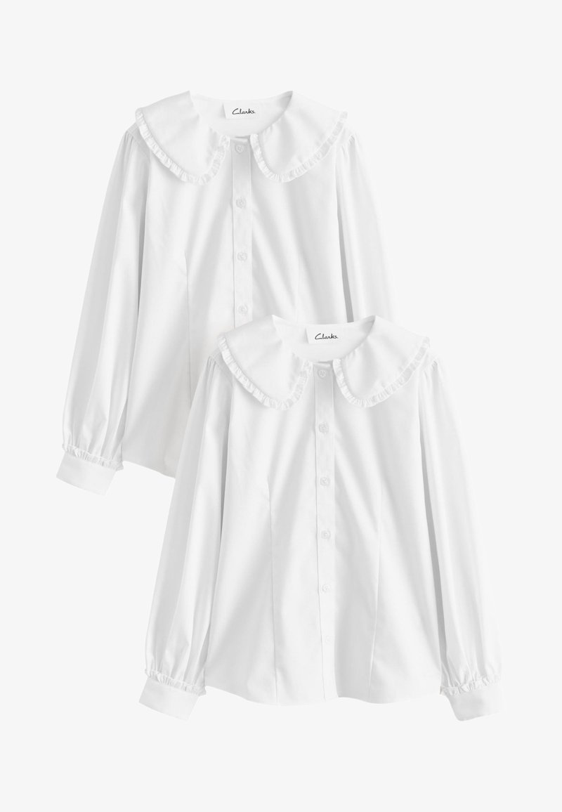 Weißes Hemd mit großen Rüschenkragen, langen Puffärmeln und verstellbaren Manschetten. Glattes Material mit klassischem Design.